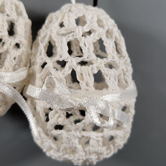 Set of 2 Eggs White Handmade Crochet Hanging Lace Ornaments with Ribbon Bows - Picture 2 of 10